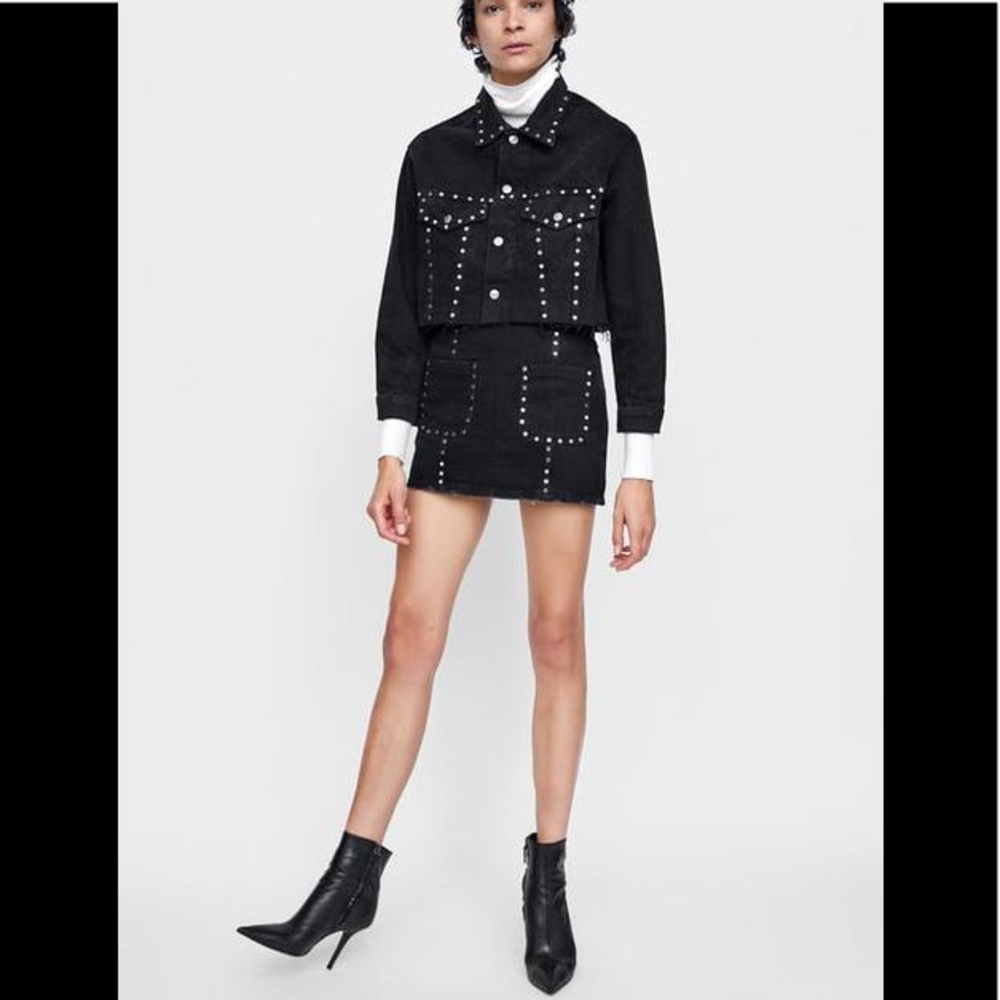 Zara Black Studded Denim Mini Skirt